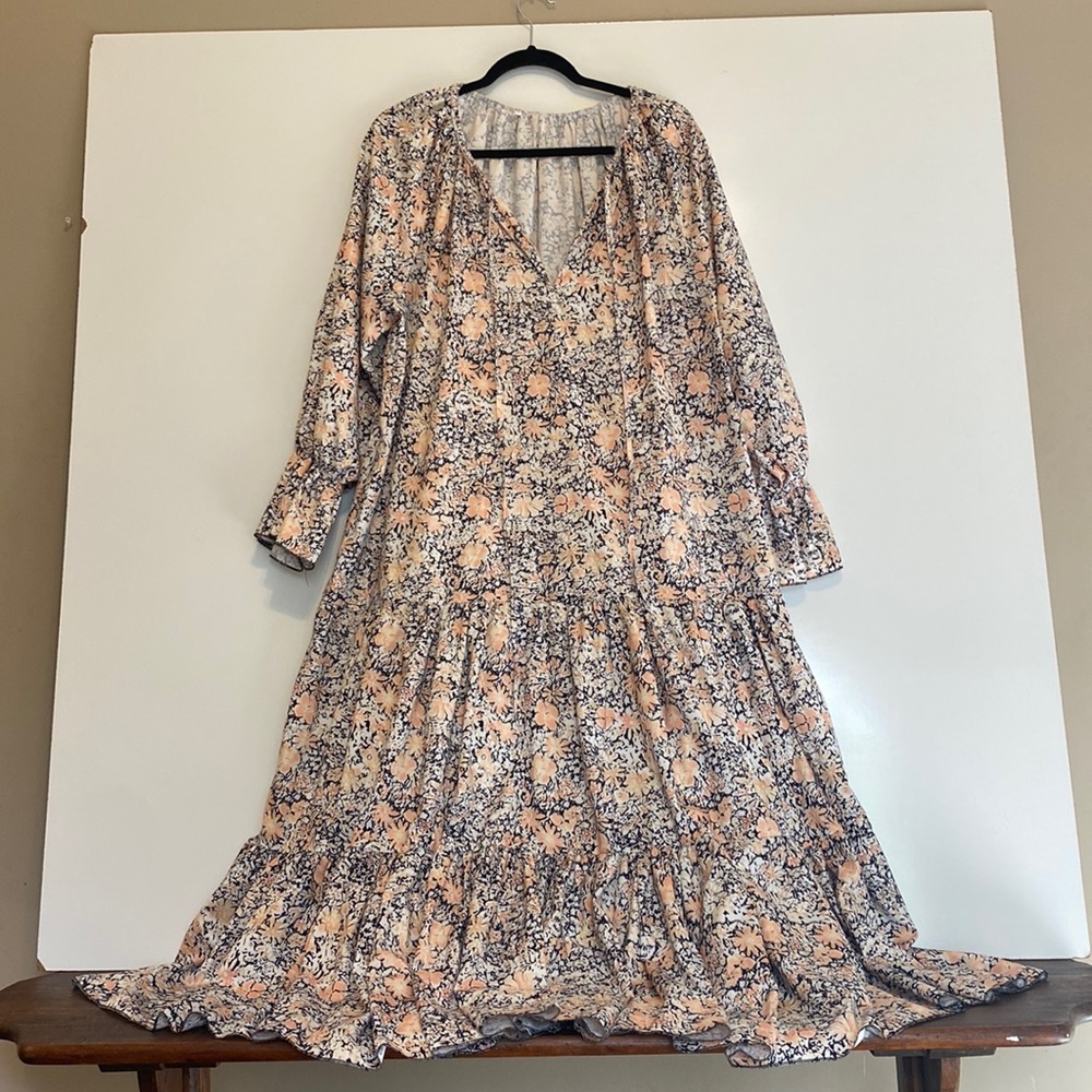 Boho Dress Navy and Peach Floral Print Large
